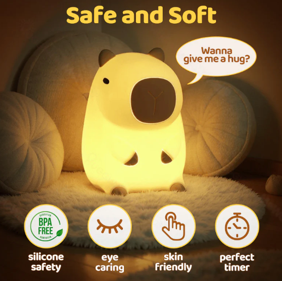 Capybara Night Light - Soft Silicone Animal Lamp with Touch Control, USB Rechargeable & Timer