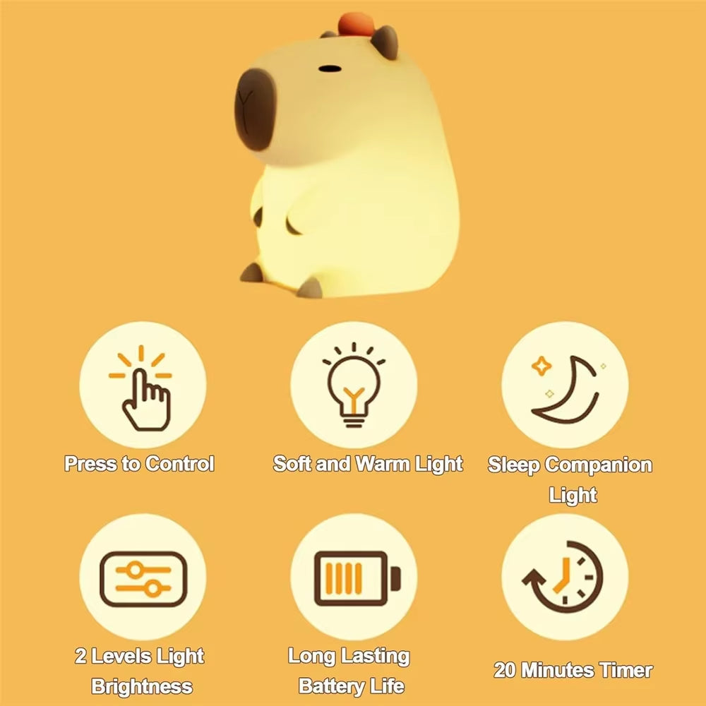Capybara Night Light - Soft Silicone Animal Lamp with Touch Control, USB Rechargeable & Timer